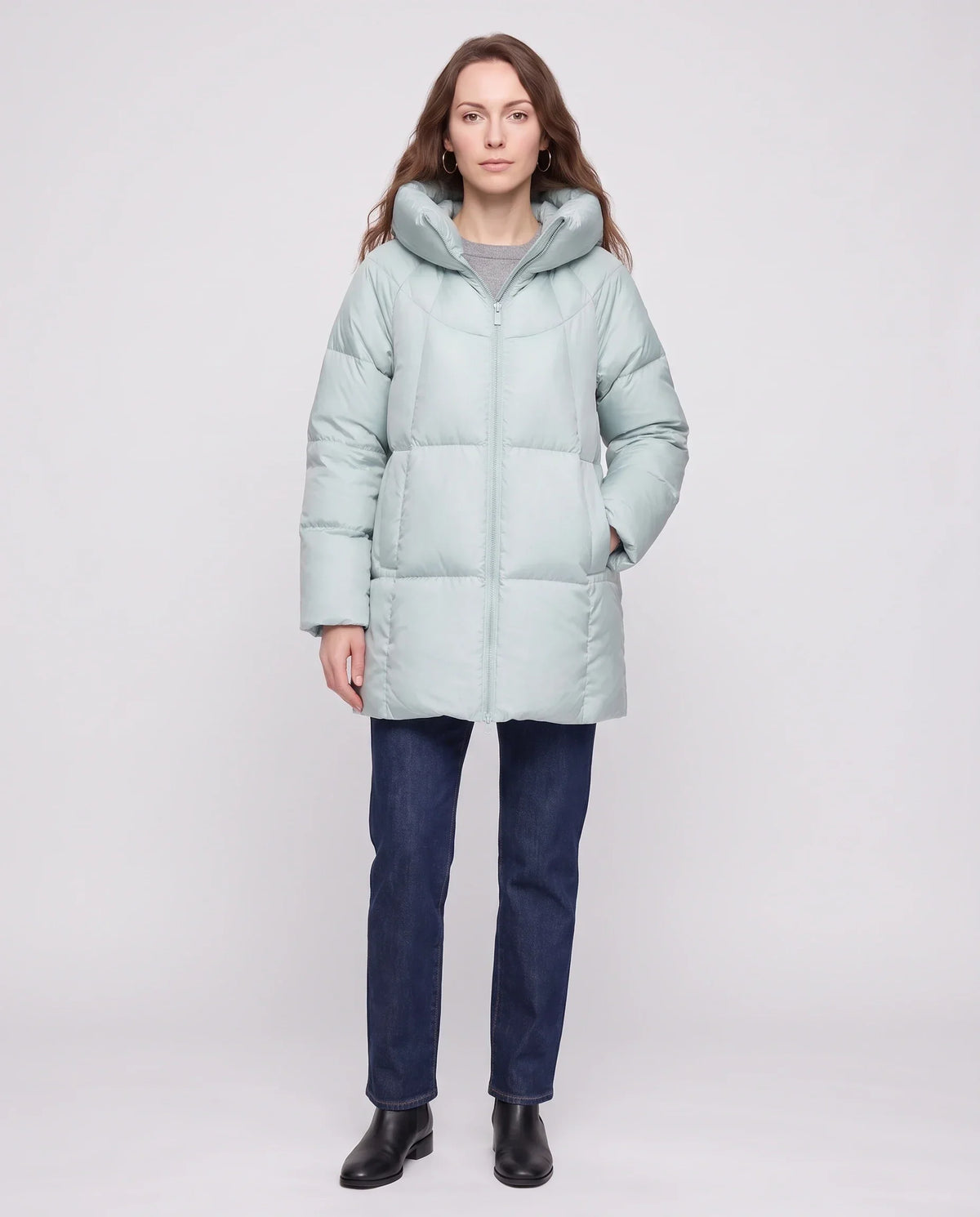 Mid-Length Puffer Jacket with Oversized Funnel Hood