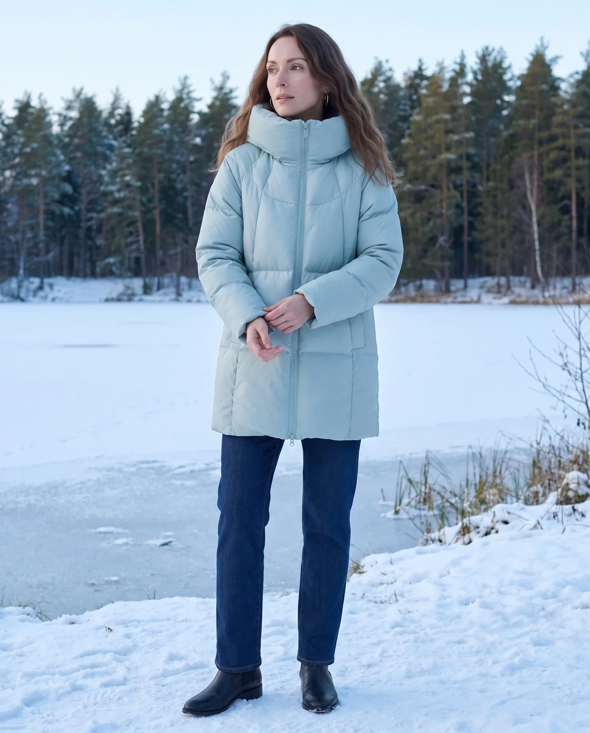 Mid-Length Puffer Jacket with Oversized Funnel Hood