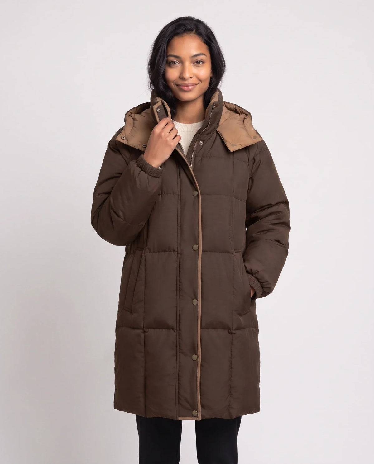 Mid-Length Hooded Puffer Jacket with Contrast Lining