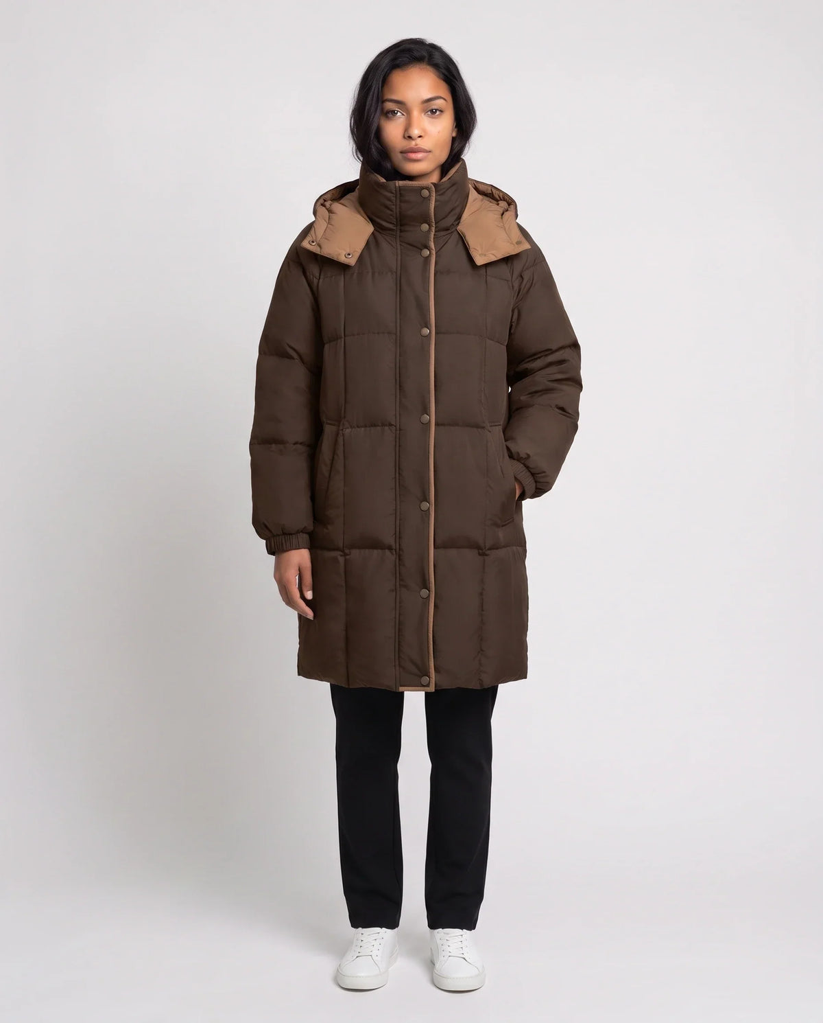 Mid-Length Hooded Puffer Jacket with Contrast Lining