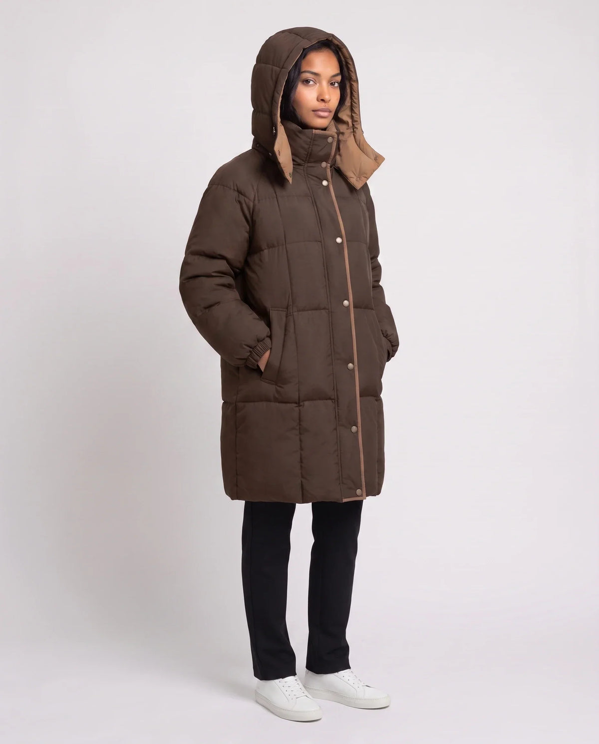 Mid-Length Hooded Puffer Jacket with Contrast Lining