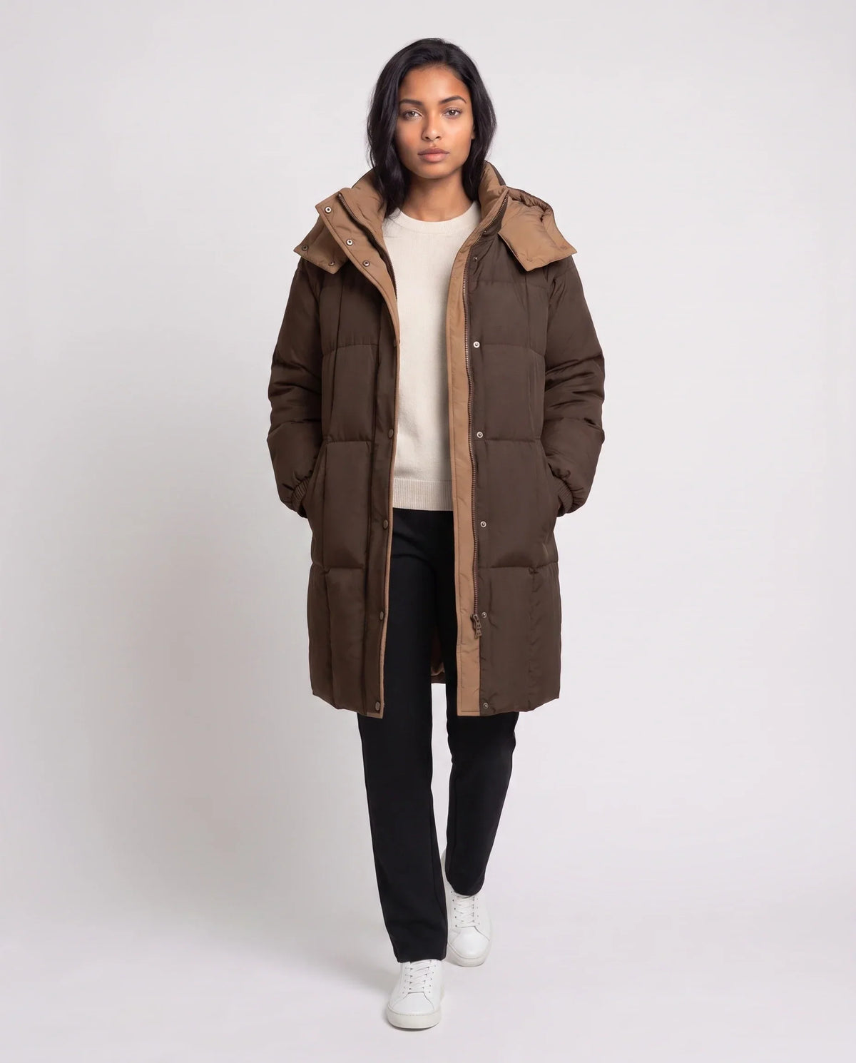 Mid-Length Hooded Puffer Jacket with Contrast Lining