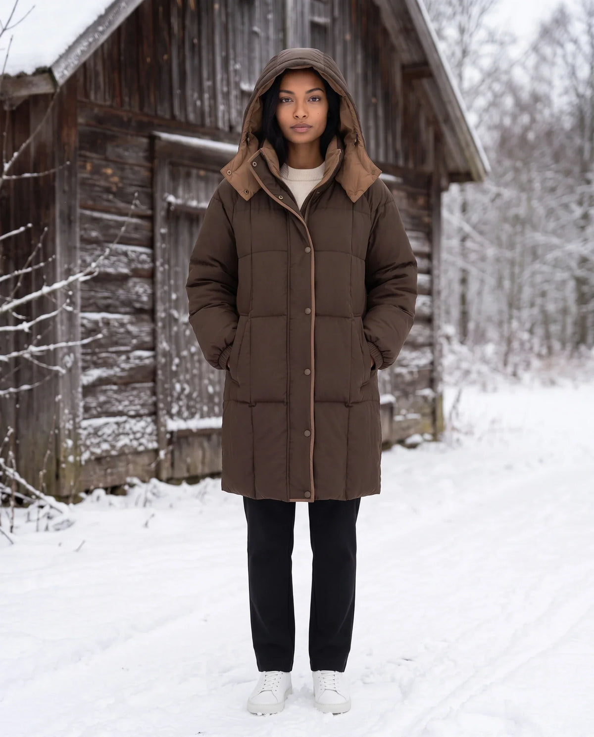 Mid-Length Hooded Puffer Jacket with Contrast Lining