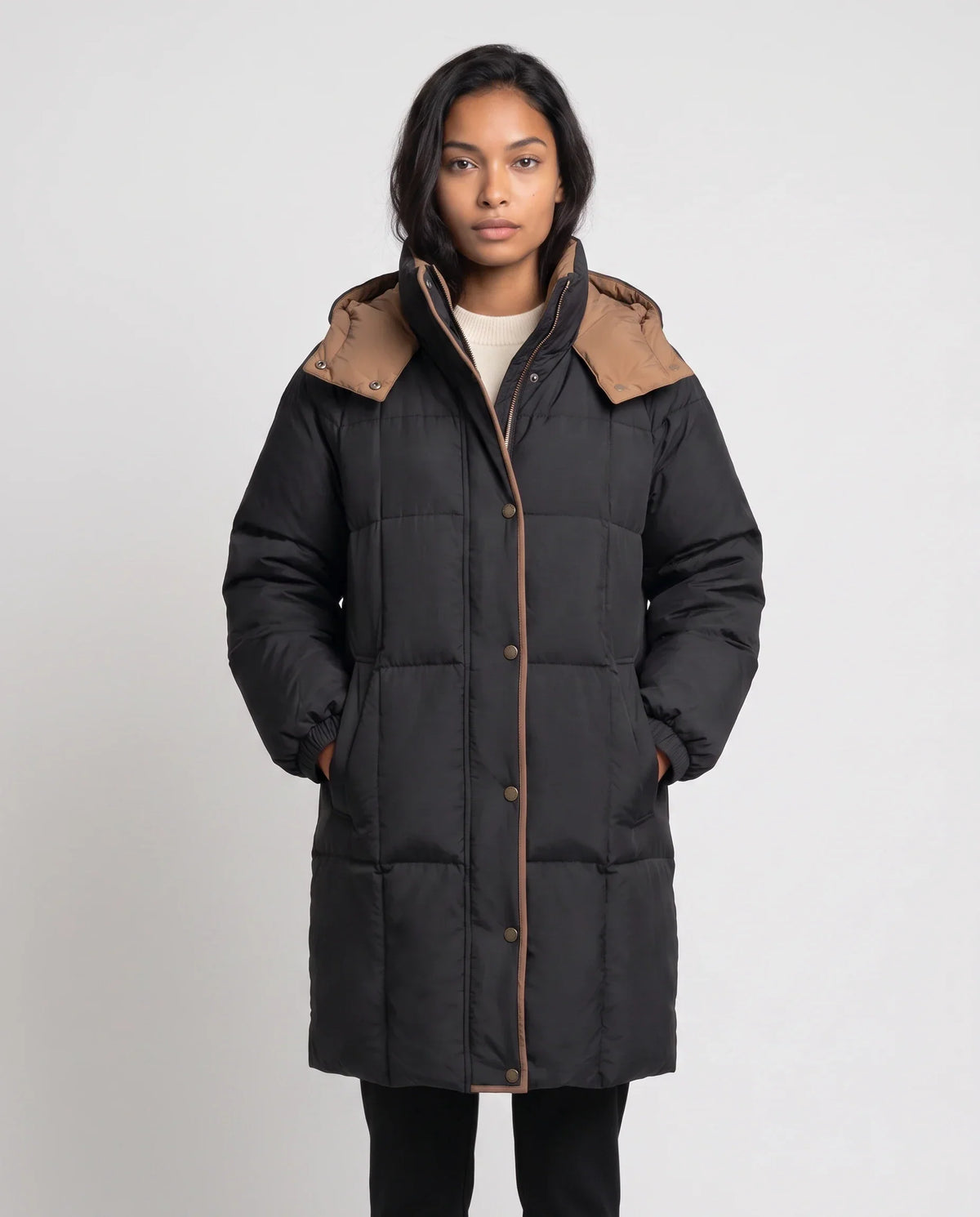 Mid-Length Hooded Puffer Jacket with Contrast Lining