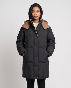 Mid-Length Hooded Puffer Jacket with Contrast Lining