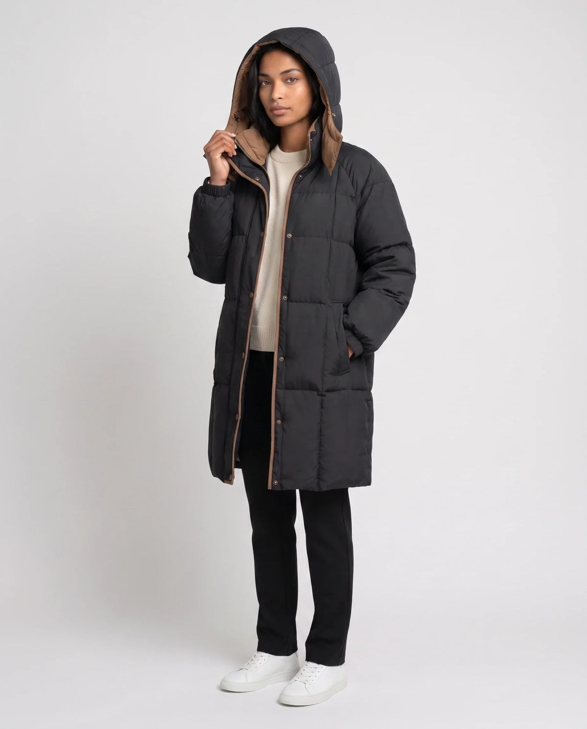 Mid-Length Hooded Puffer Jacket with Contrast Lining