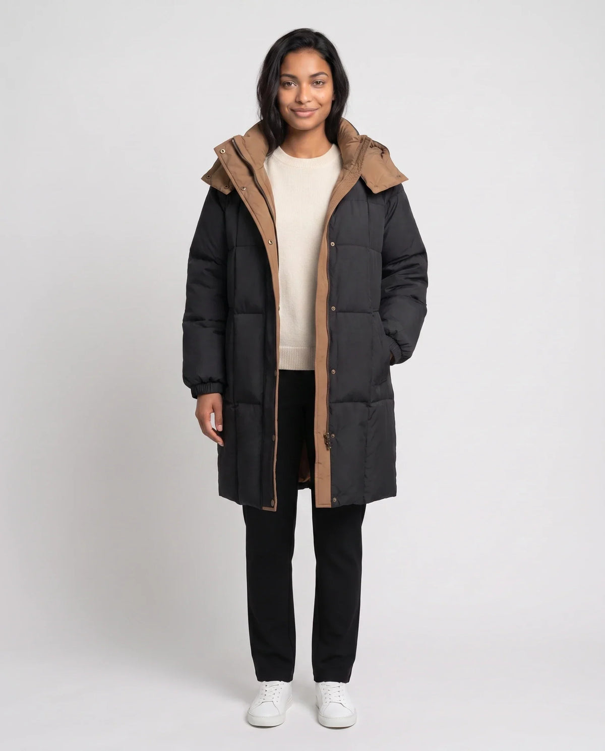 Mid-Length Hooded Puffer Jacket with Contrast Lining