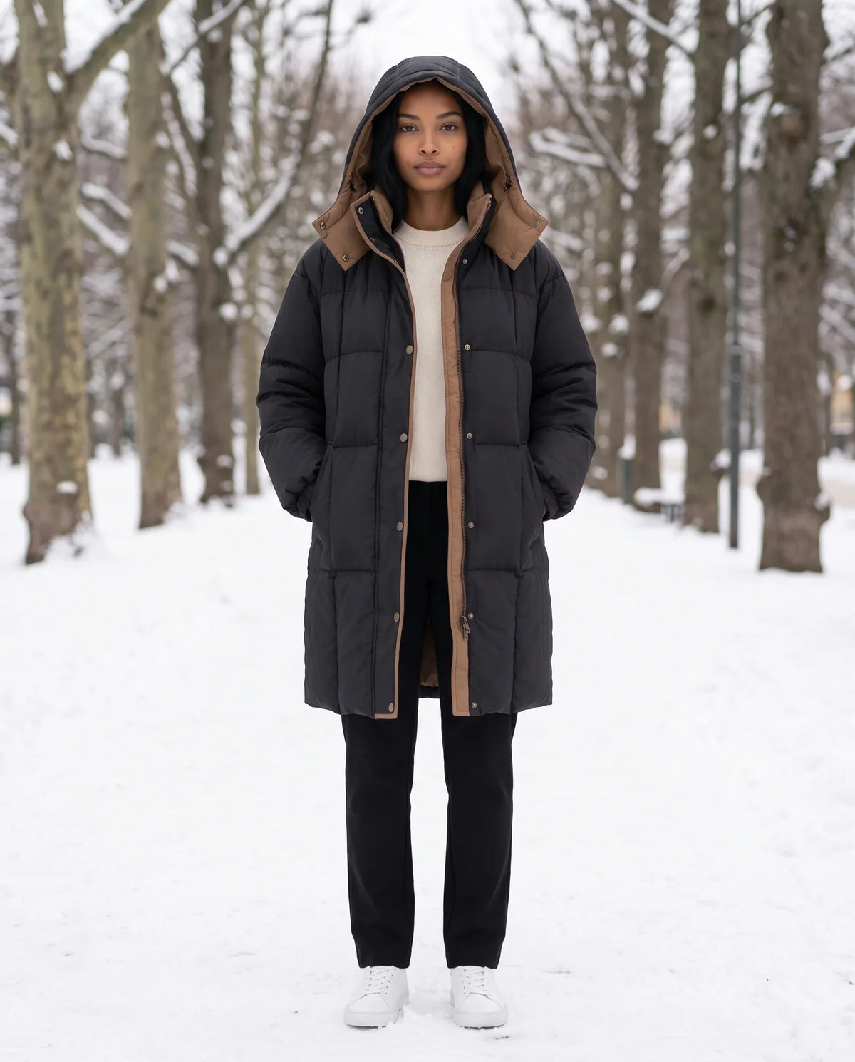 Mid-Length Hooded Puffer Jacket with Contrast Lining