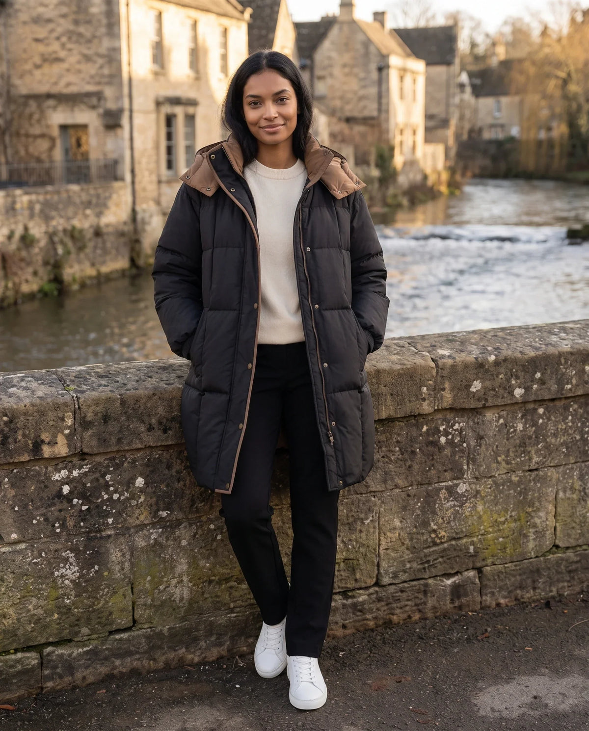 Mid-Length Hooded Puffer Jacket with Contrast Lining