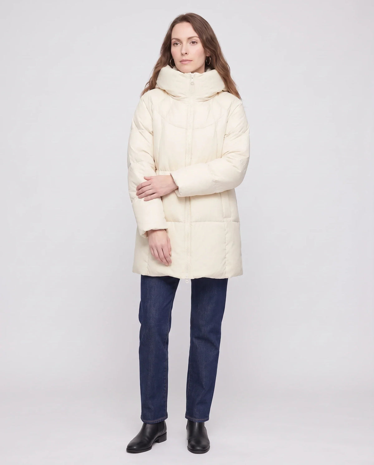Mid-Length Puffer Jacket with Oversized Funnel Hood