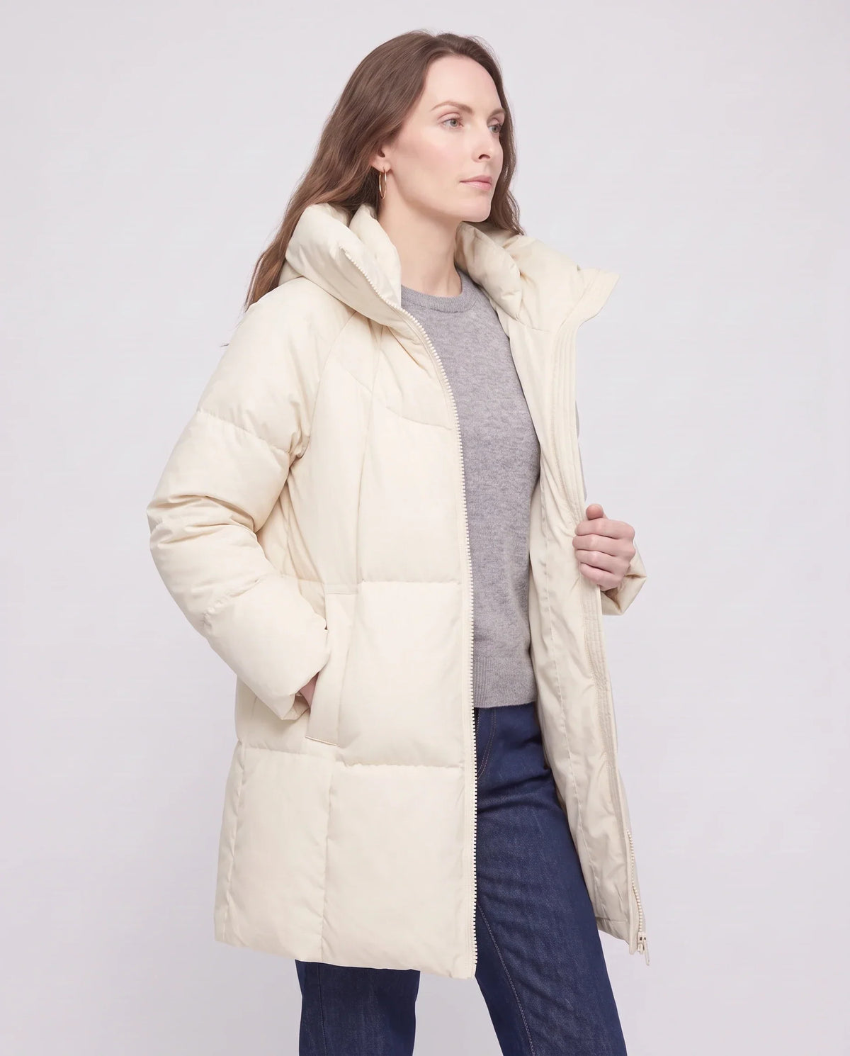 Mid-Length Puffer Jacket with Oversized Funnel Hood
