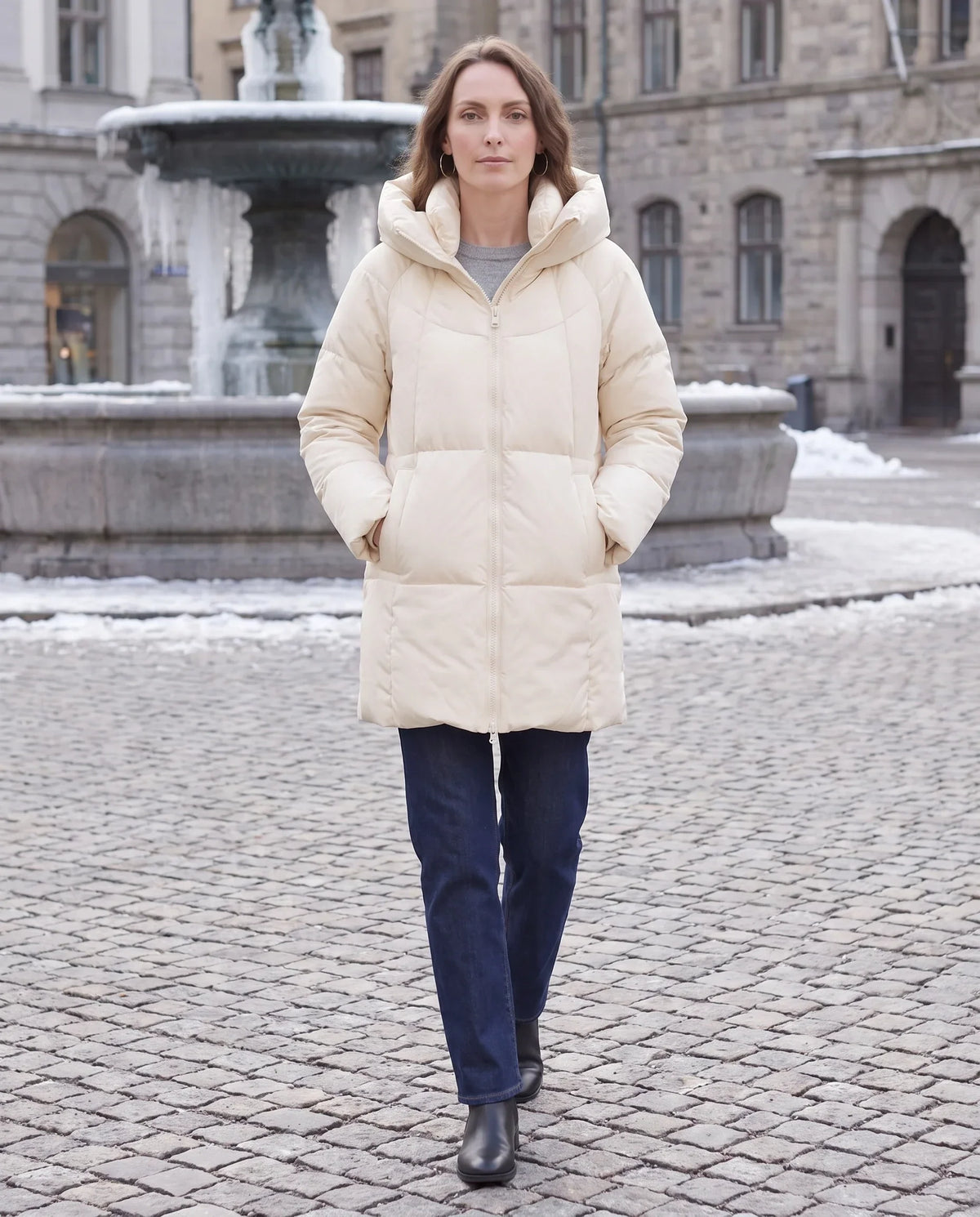 Mid-Length Puffer Jacket with Oversized Funnel Hood