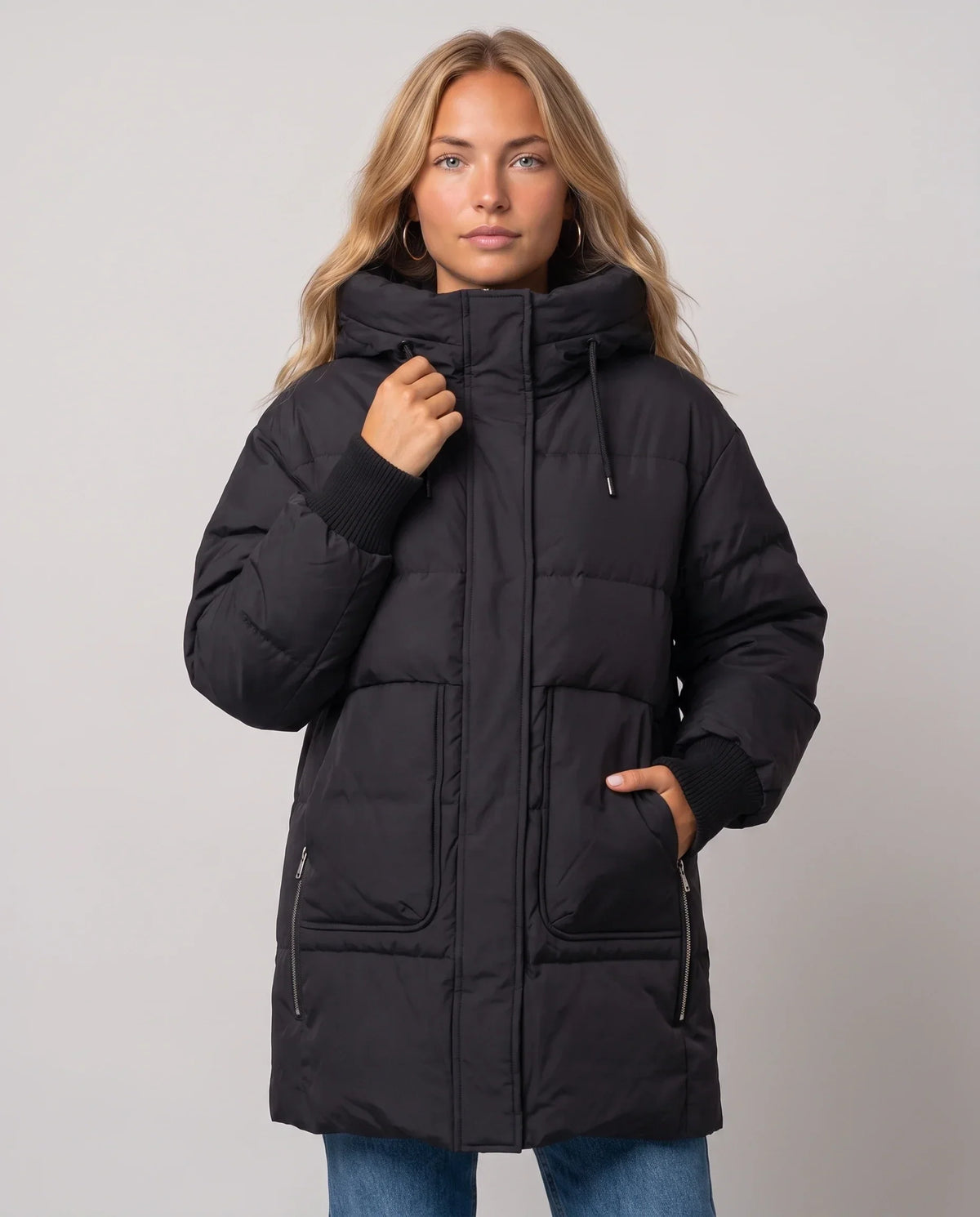 Mid-Length Hooded Puffer Jacket with Patch Pockets