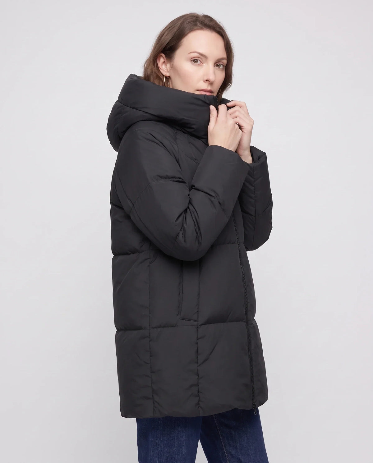 Mid-Length Puffer Jacket with Oversized Funnel Hood