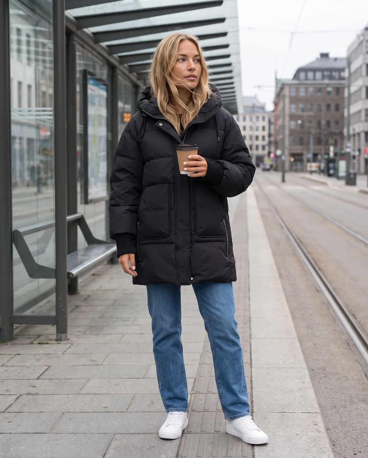 Mid-Length Hooded Puffer Jacket with Patch Pockets