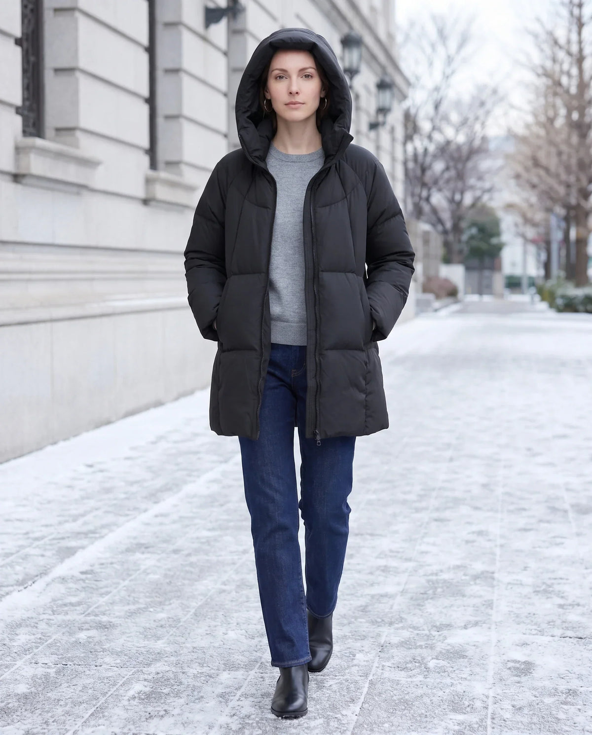 Mid-Length Puffer Jacket with Oversized Funnel Hood