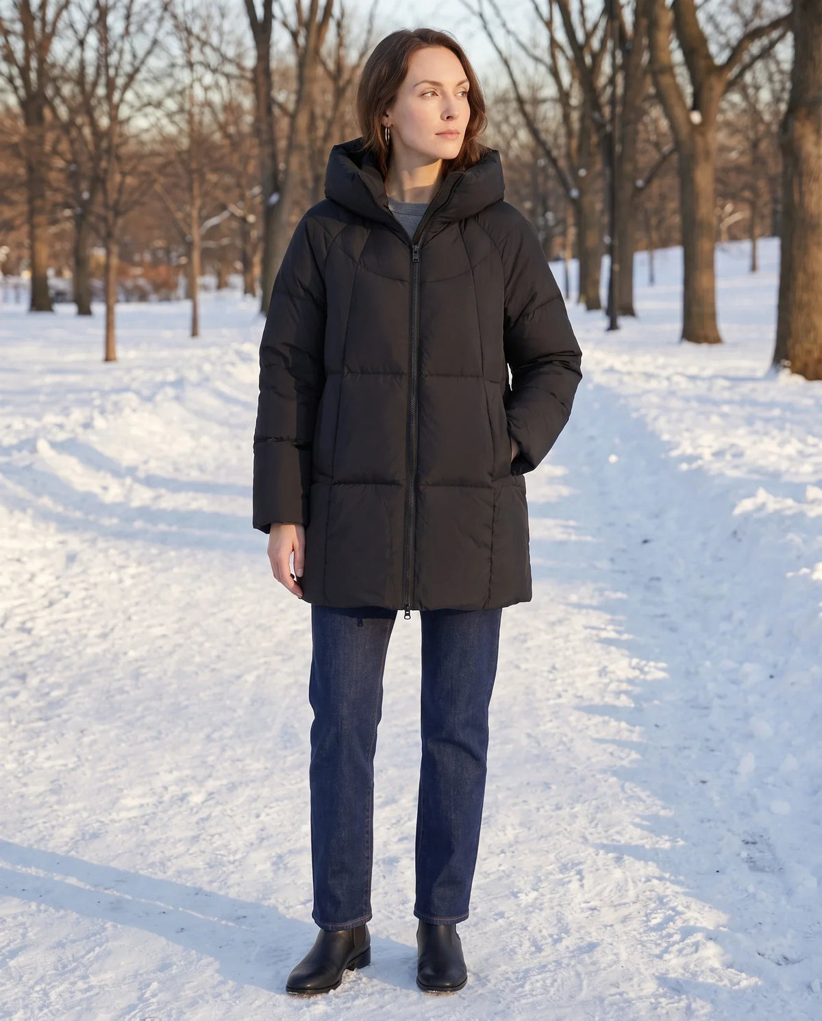 Mid-Length Puffer Jacket with Oversized Funnel Hood