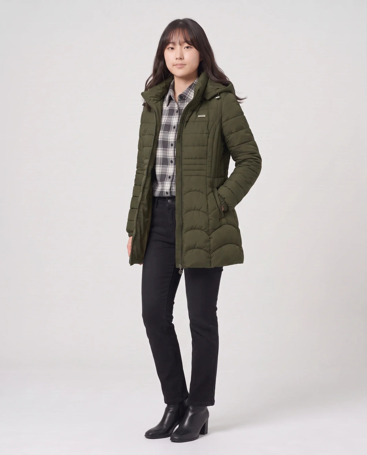 Fitted Mid-Length Hooded Puffer Jacket