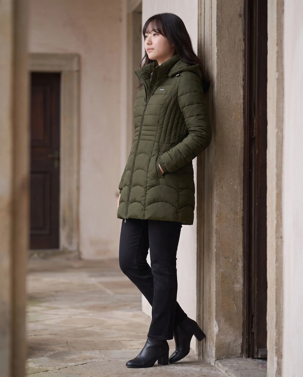 Fitted Mid-Length Hooded Puffer Jacket