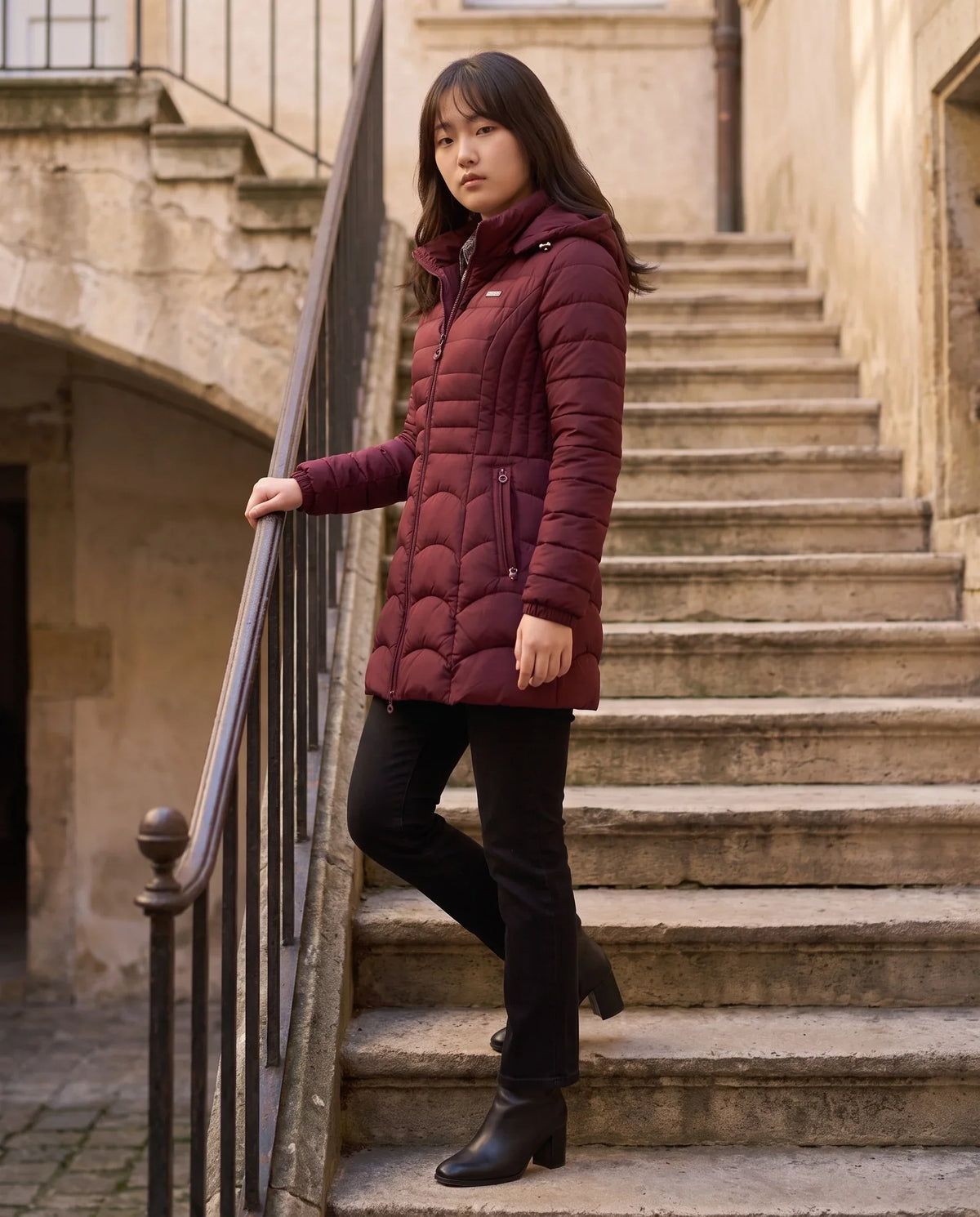 Fitted Mid-Length Hooded Puffer Jacket