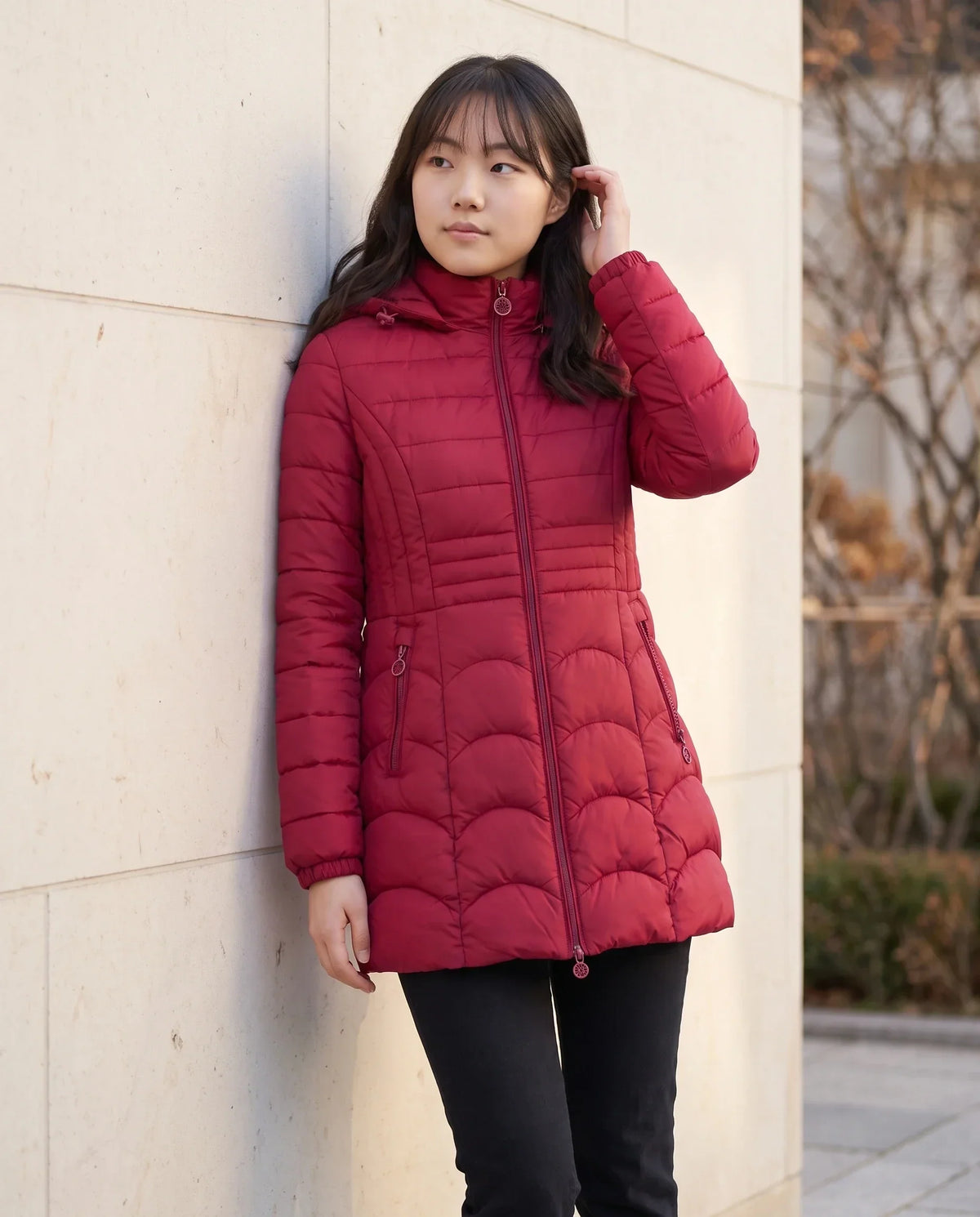 Fitted Mid-Length Hooded Puffer Jacket