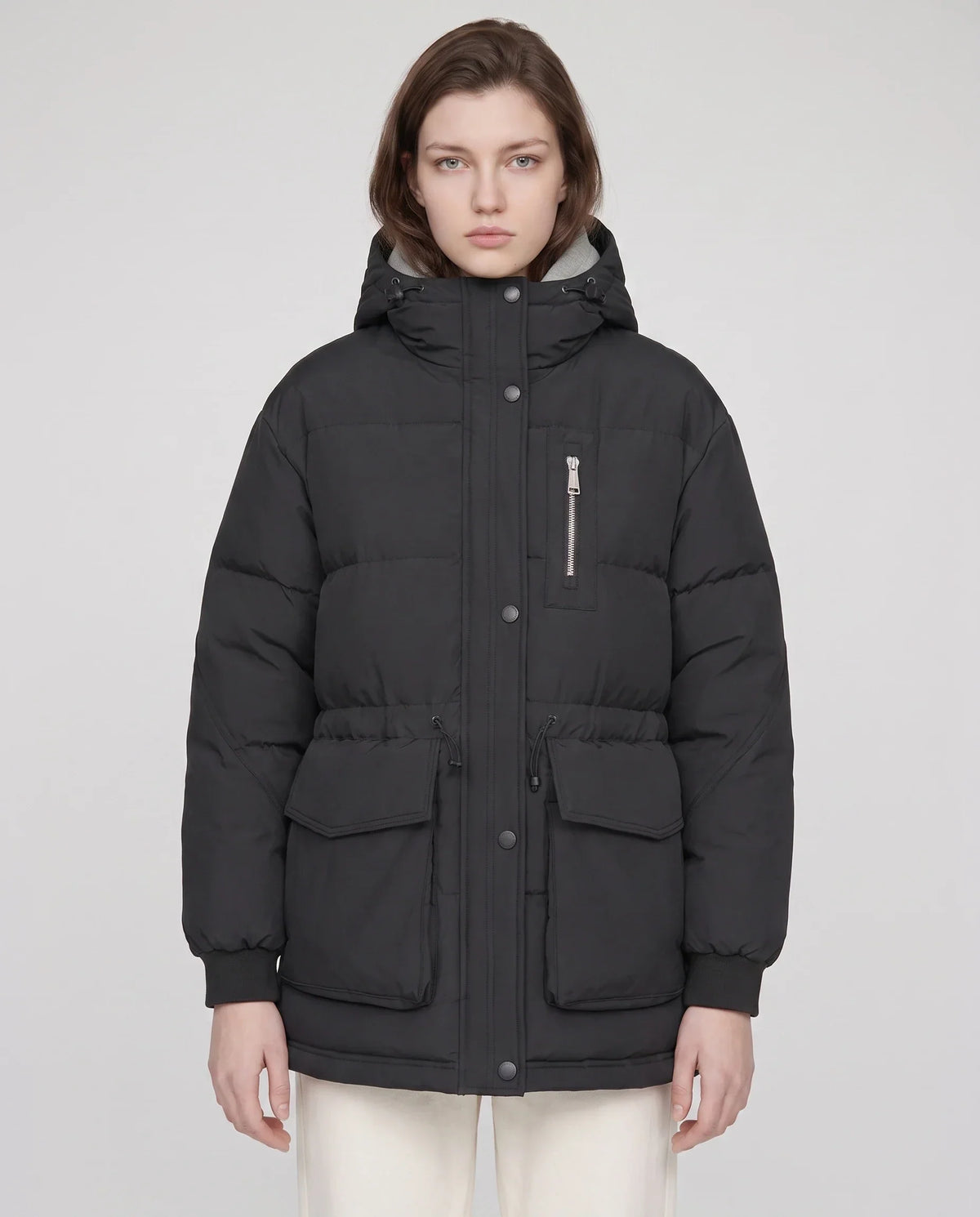 Mid-Length Parka-Style Puffer Jacket with Patch Pockets