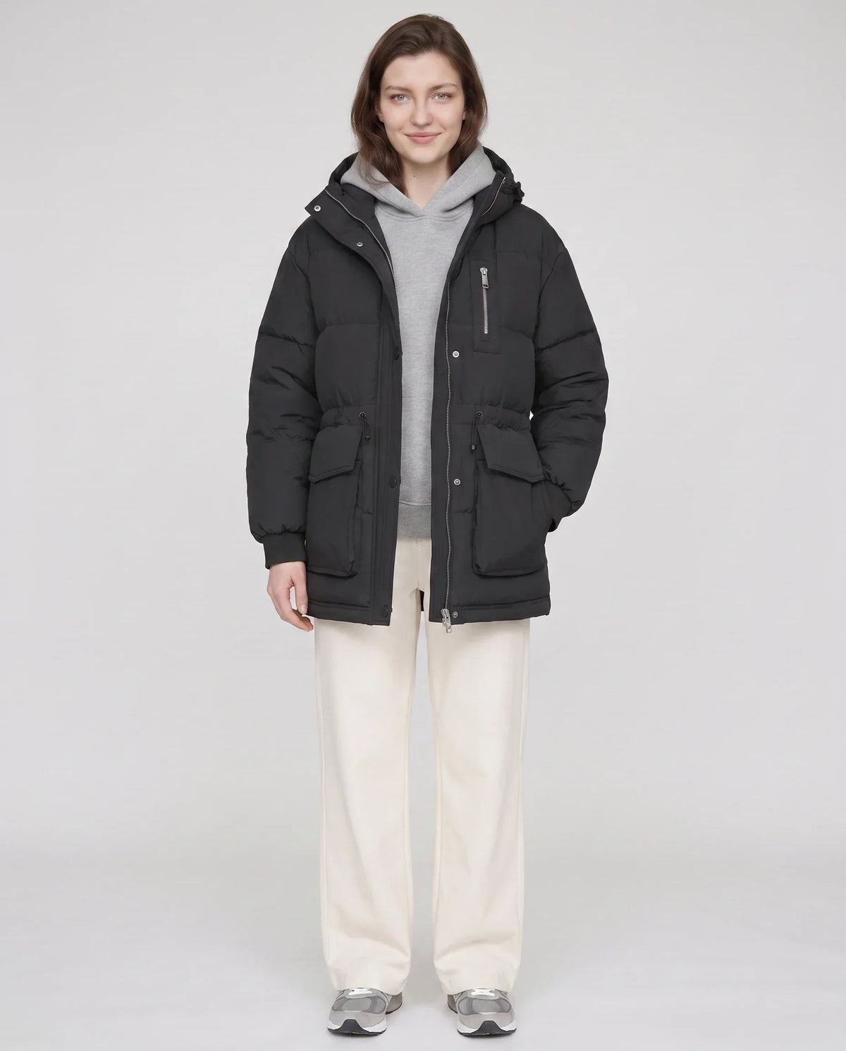 Mid-Length Parka-Style Puffer Jacket with Patch Pockets