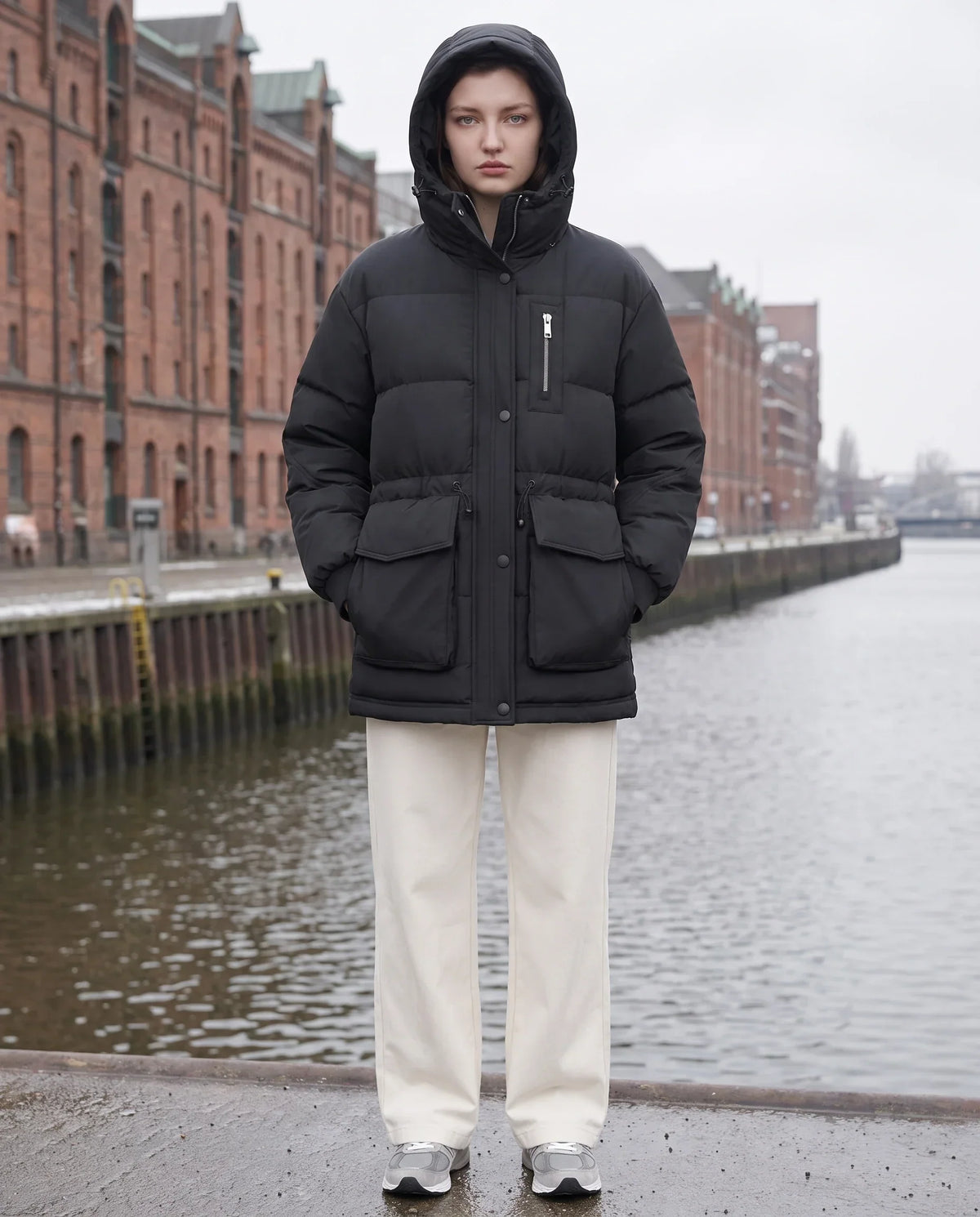 Mid-Length Parka-Style Puffer Jacket with Patch Pockets
