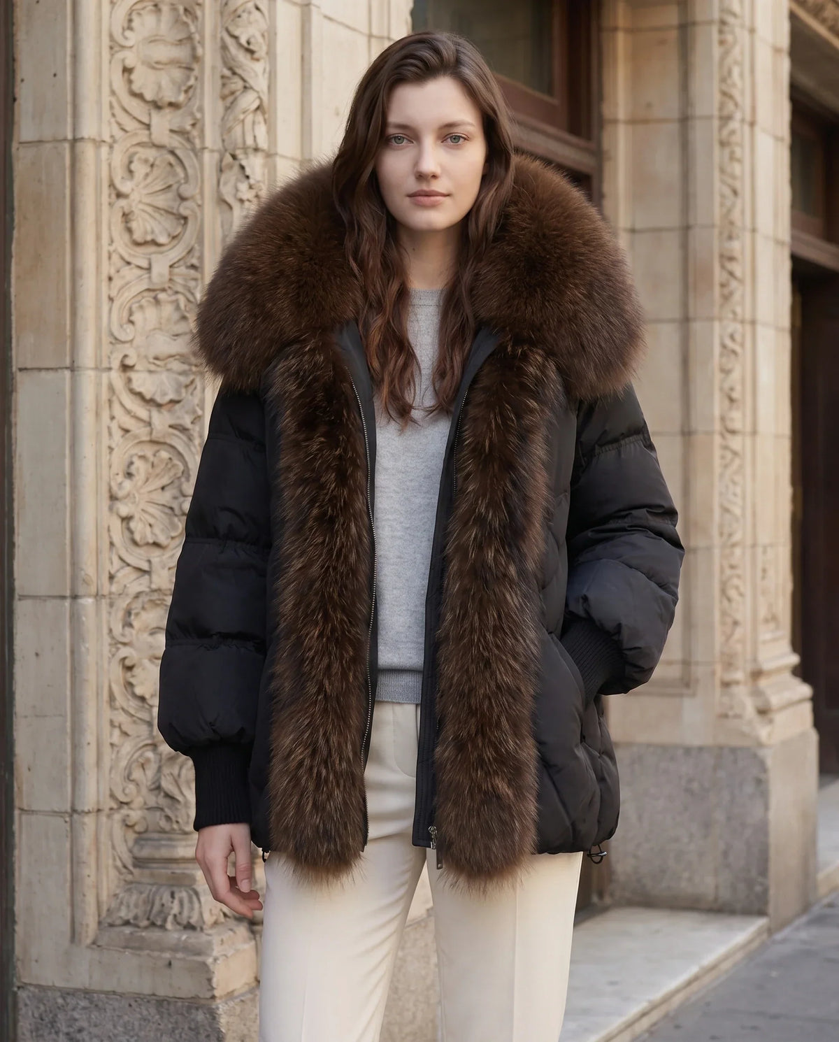 Oversized Puffer Jacket with Faux Fur Shawl Collar