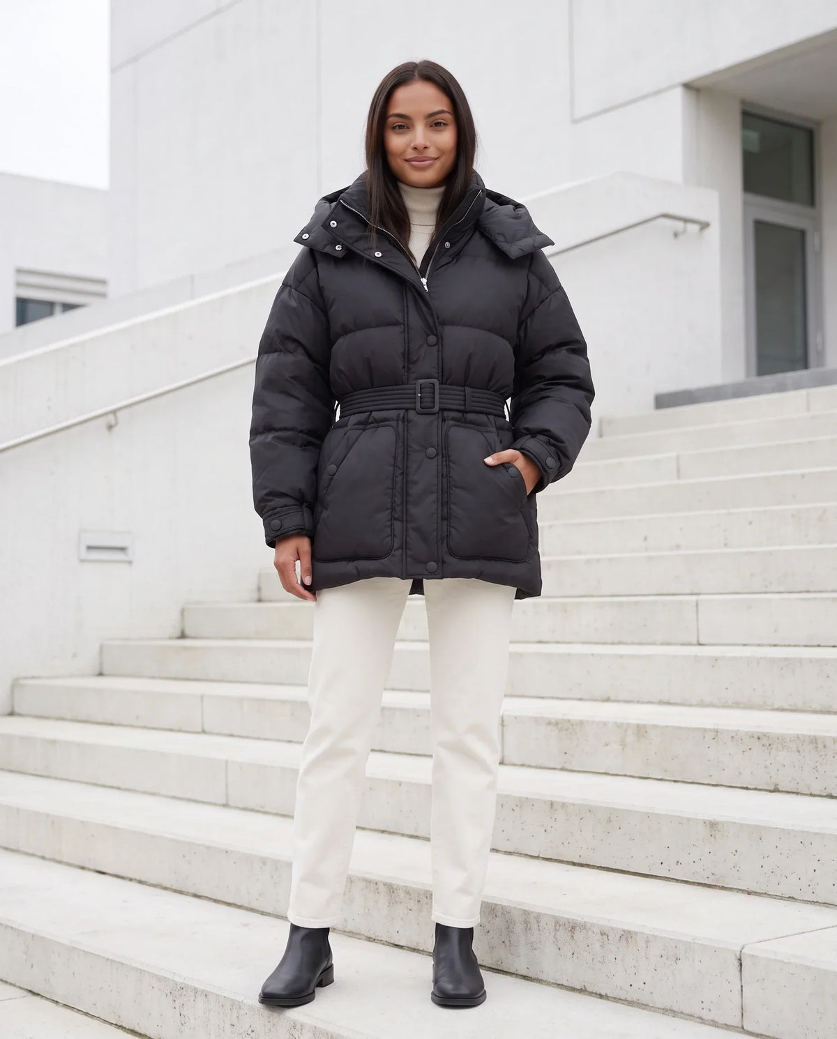Oversized Hooded Puffer Jacket with Belt