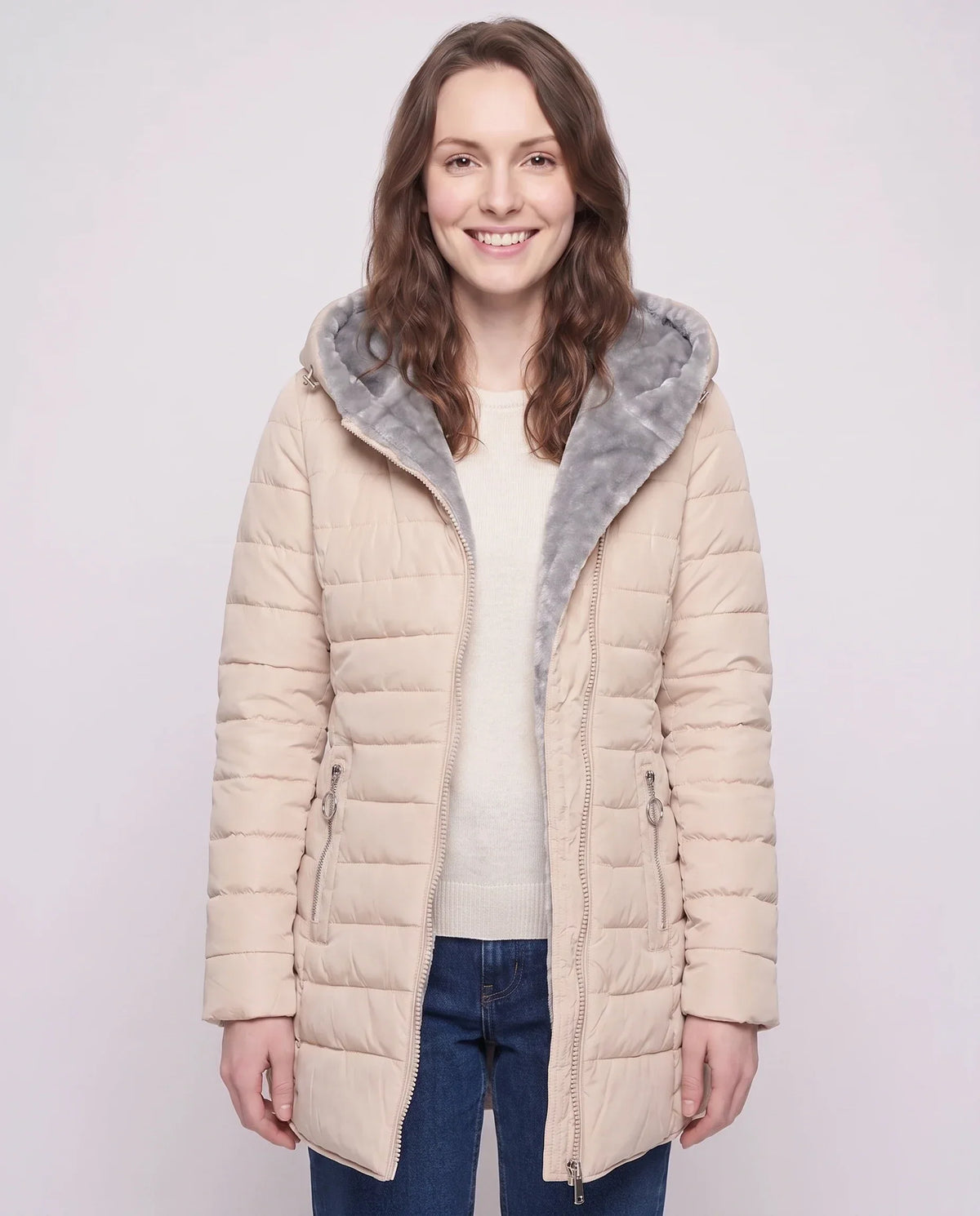 Mid-Length Fleece-Lined Puffer Jacket with Hood