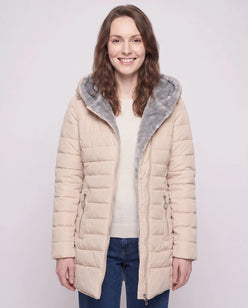 Mid-Length Fleece-Lined Puffer Jacket with Hood