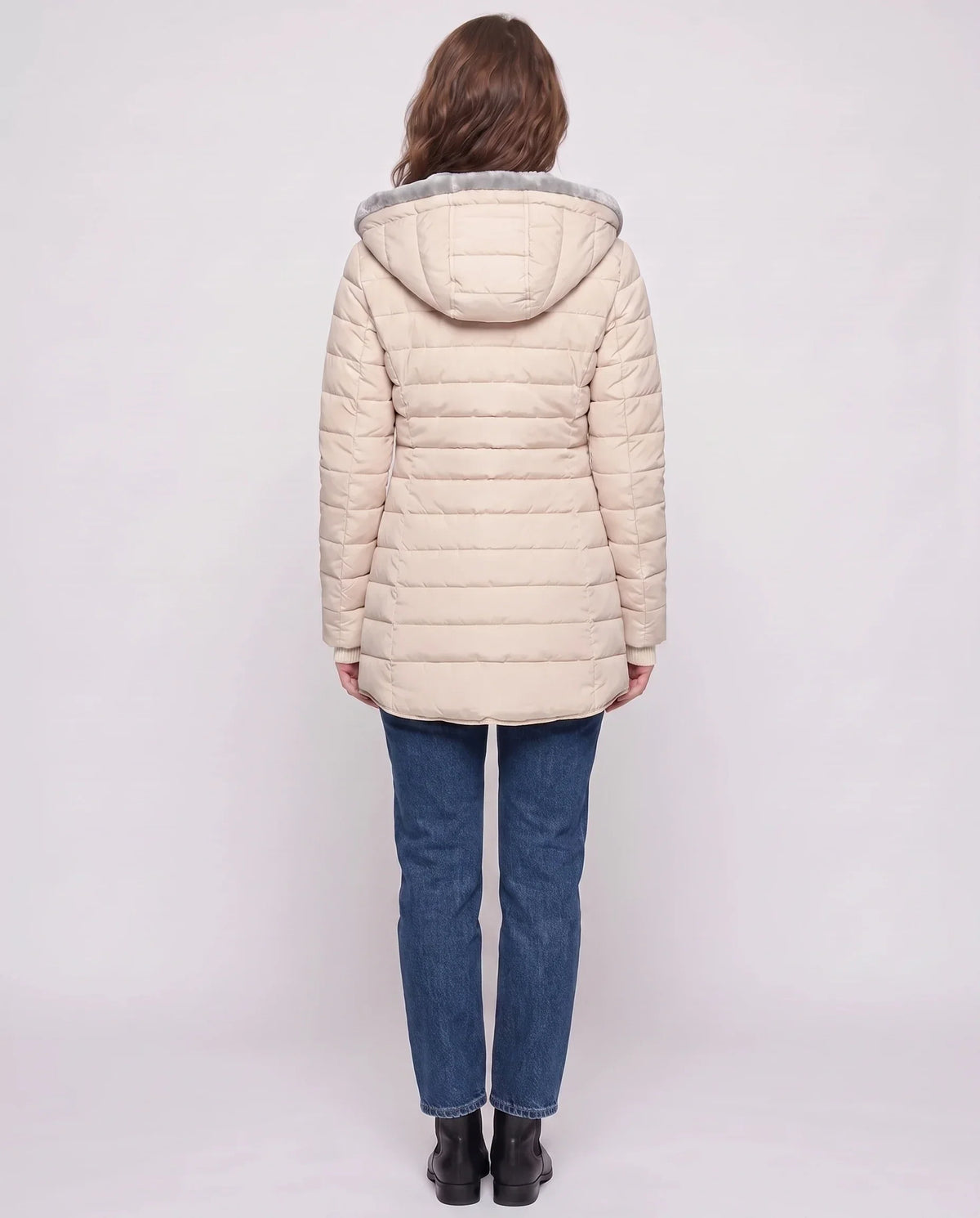 Mid-Length Fleece-Lined Puffer Jacket with Hood