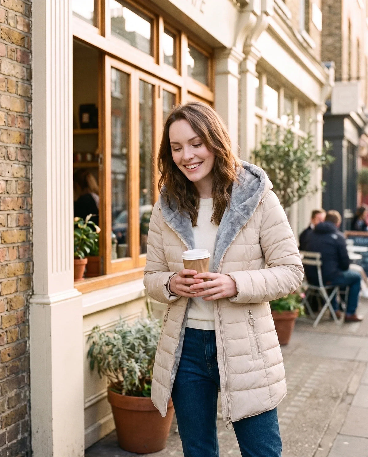 Mid-Length Fleece-Lined Puffer Jacket with Hood