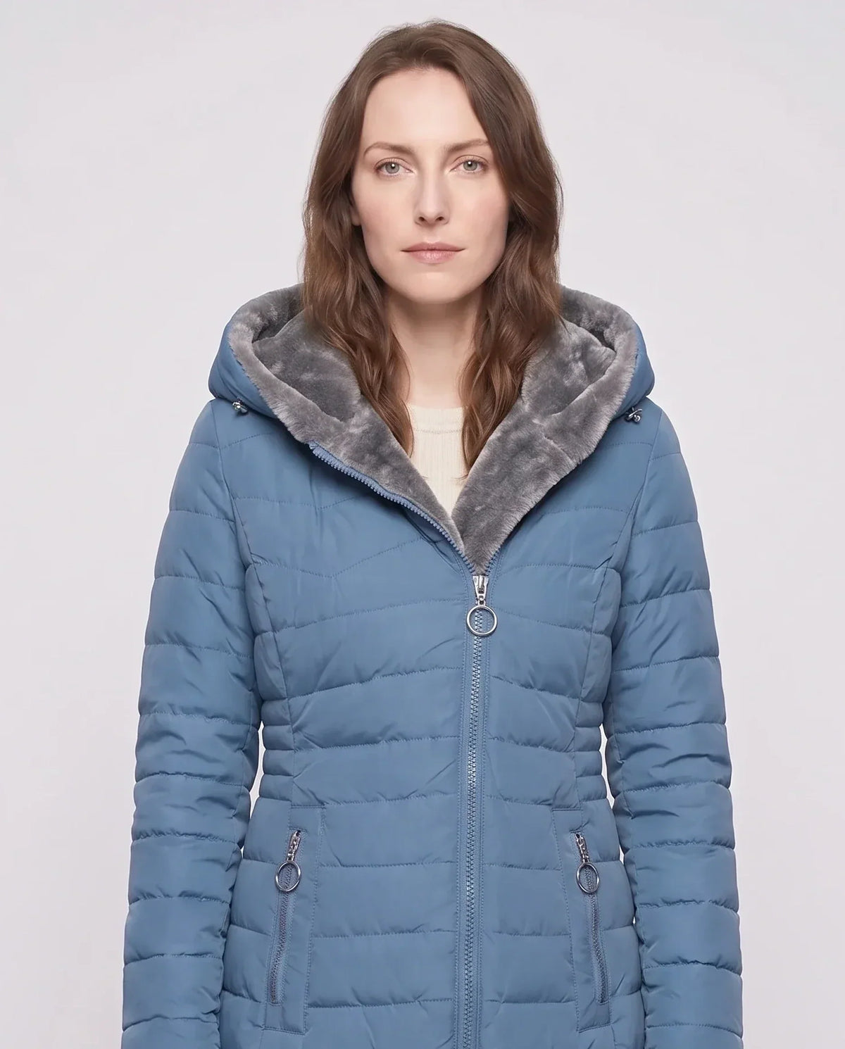 Mid-Length Fleece-Lined Puffer Jacket with Hood