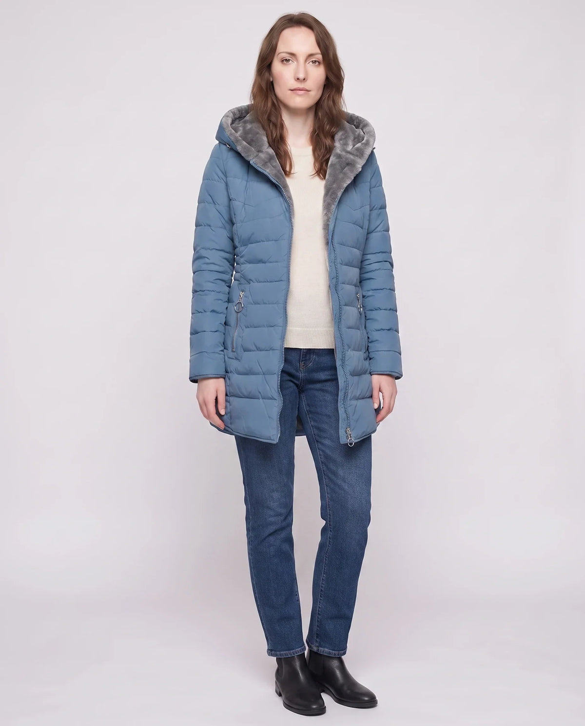 Mid-Length Fleece-Lined Puffer Jacket with Hood