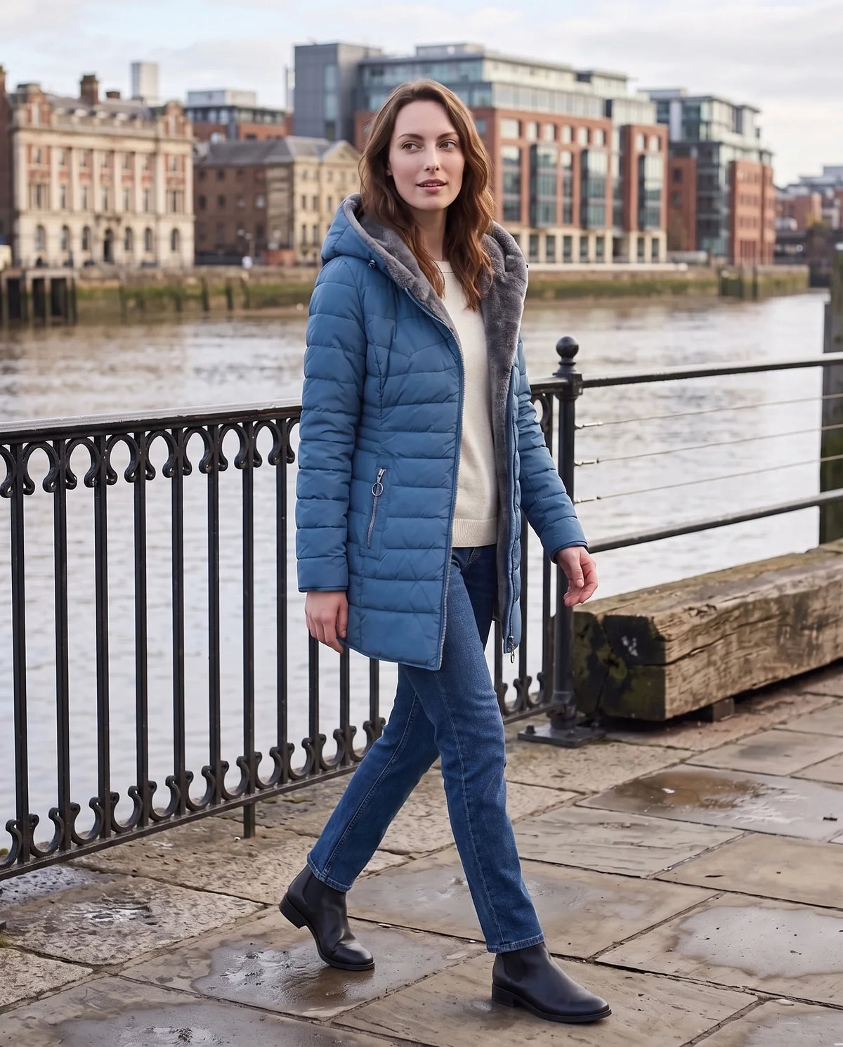 Mid-Length Fleece-Lined Puffer Jacket with Hood