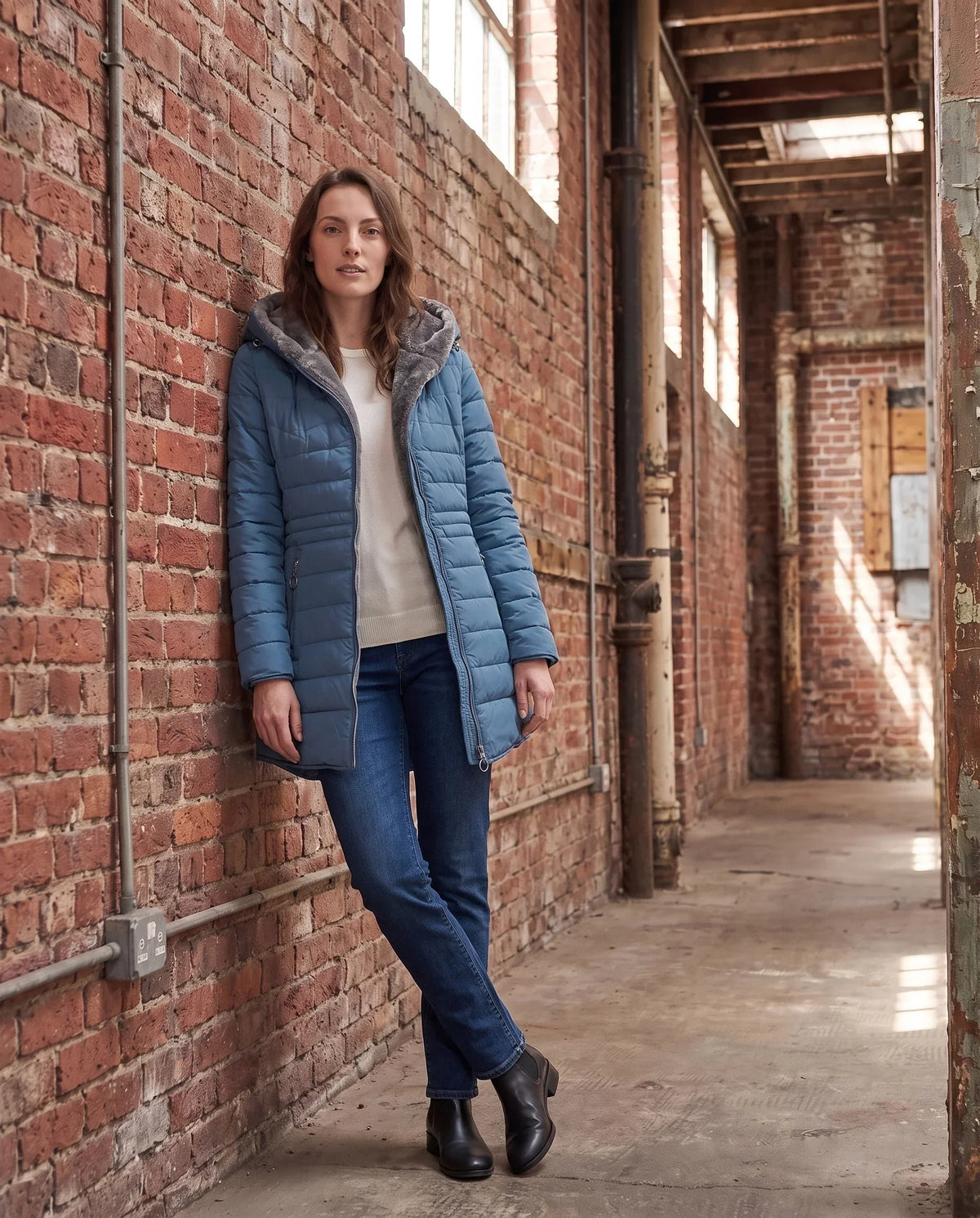 Mid-Length Fleece-Lined Puffer Jacket with Hood