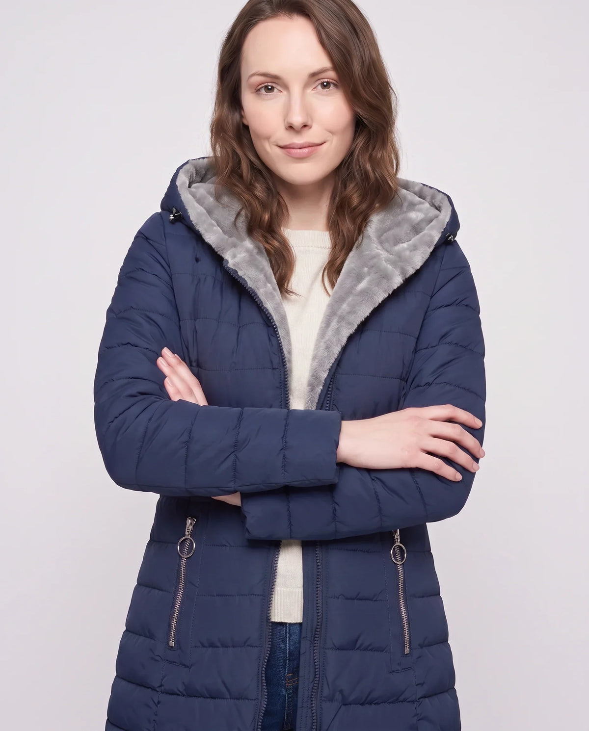 Mid-Length Fleece-Lined Puffer Jacket with Hood