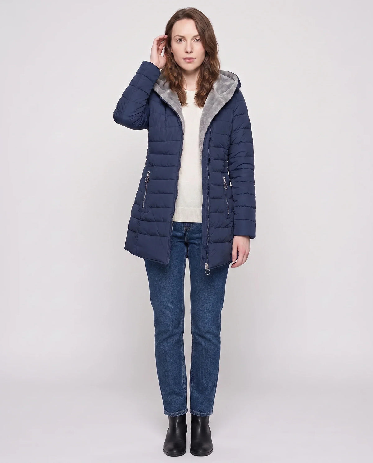 Mid-Length Fleece-Lined Puffer Jacket with Hood