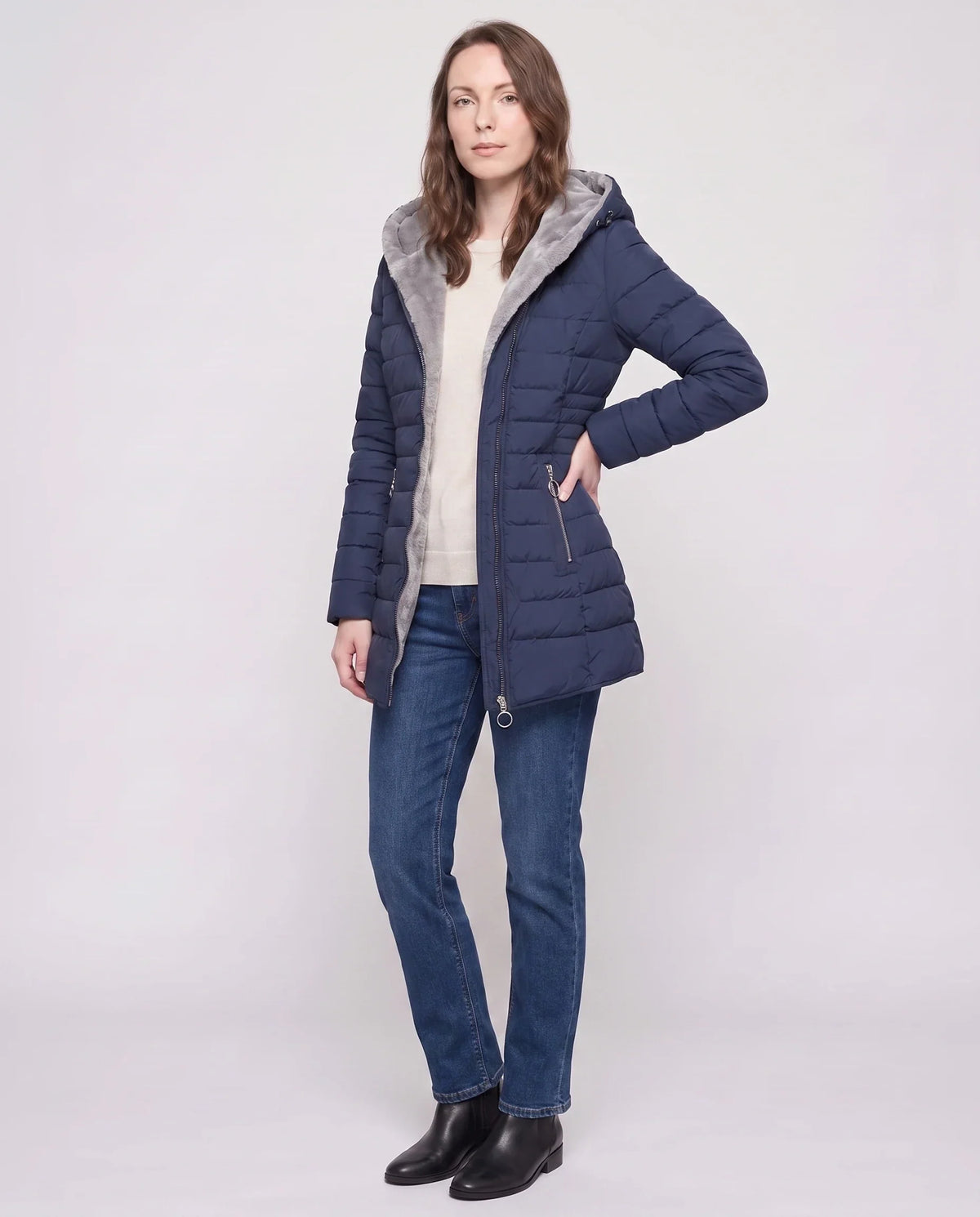 Mid-Length Fleece-Lined Puffer Jacket with Hood