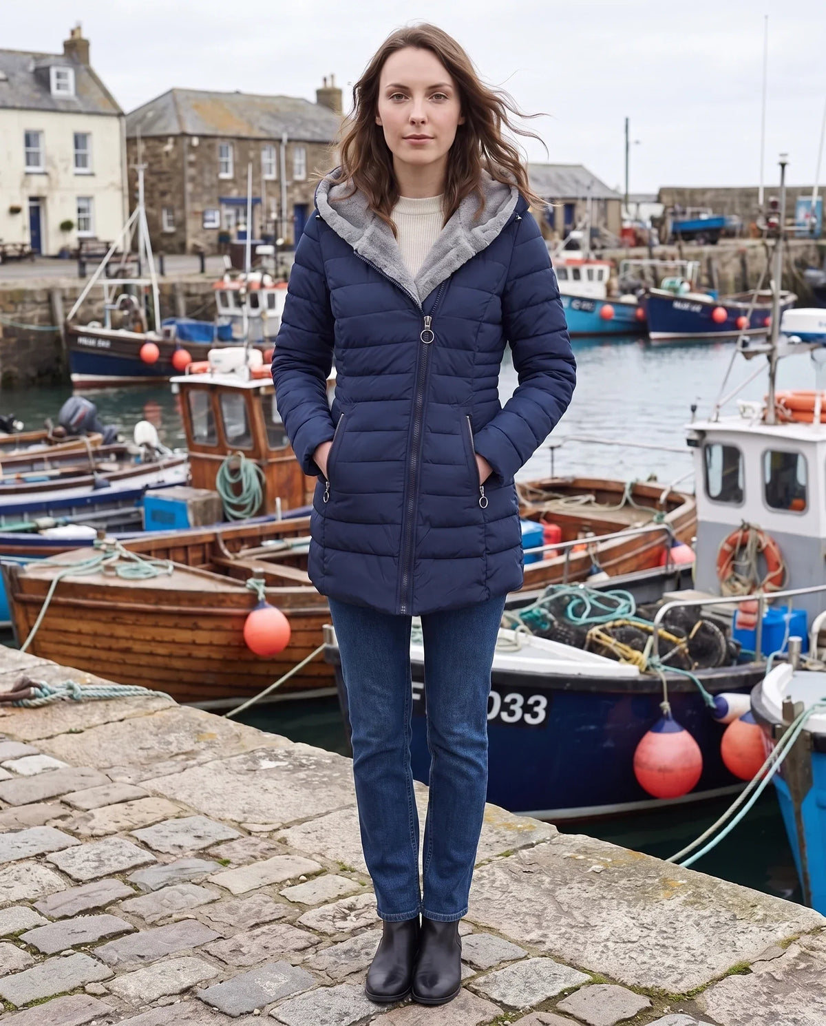 Mid-Length Fleece-Lined Puffer Jacket with Hood
