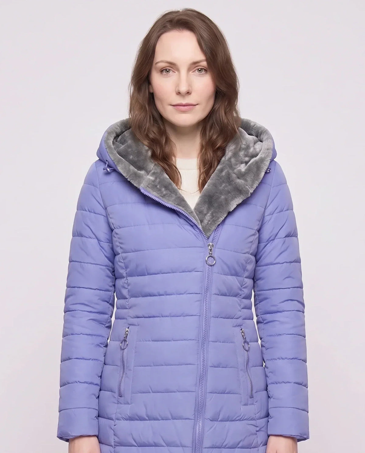 Mid-Length Fleece-Lined Puffer Jacket with Hood