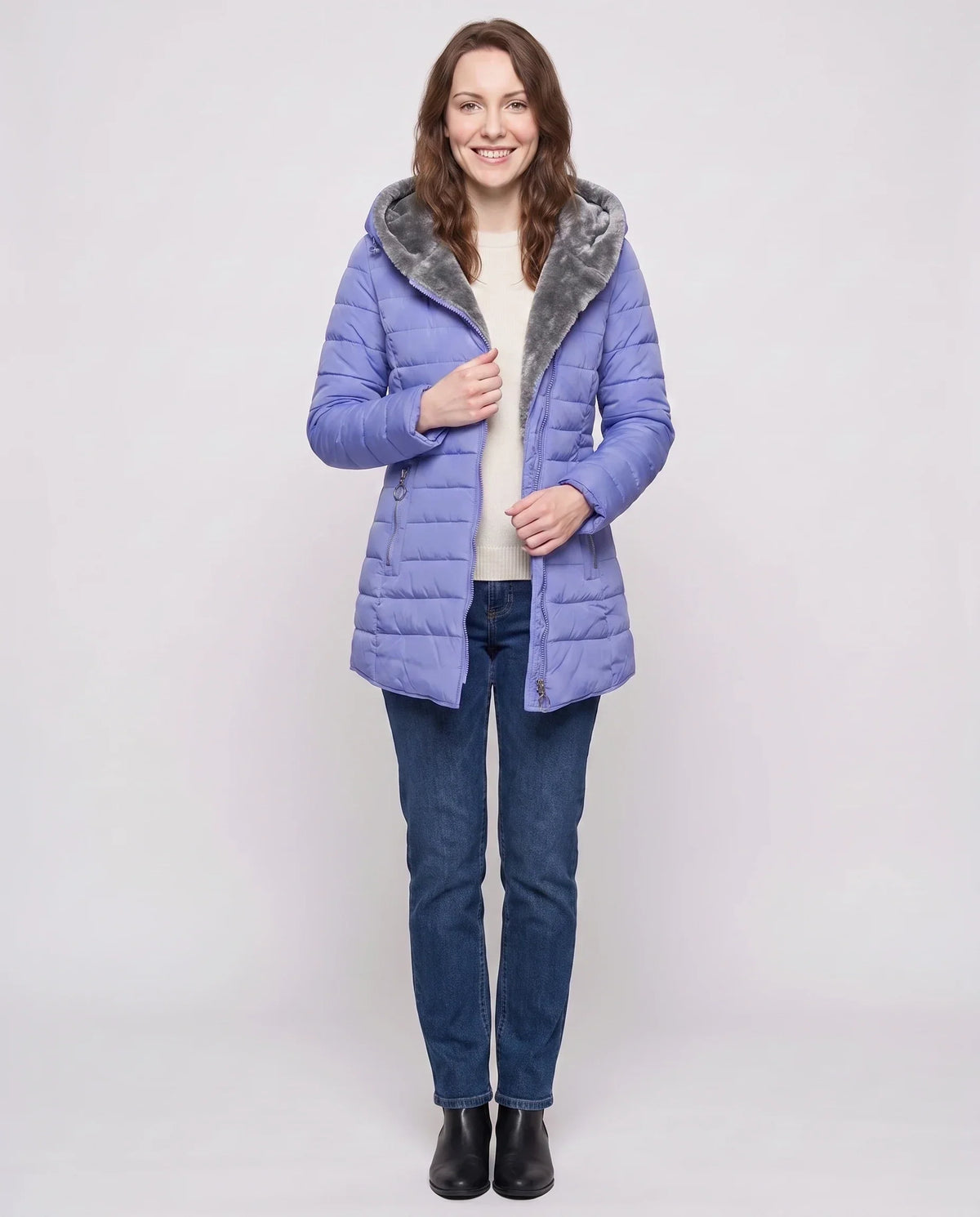 Mid-Length Fleece-Lined Puffer Jacket with Hood