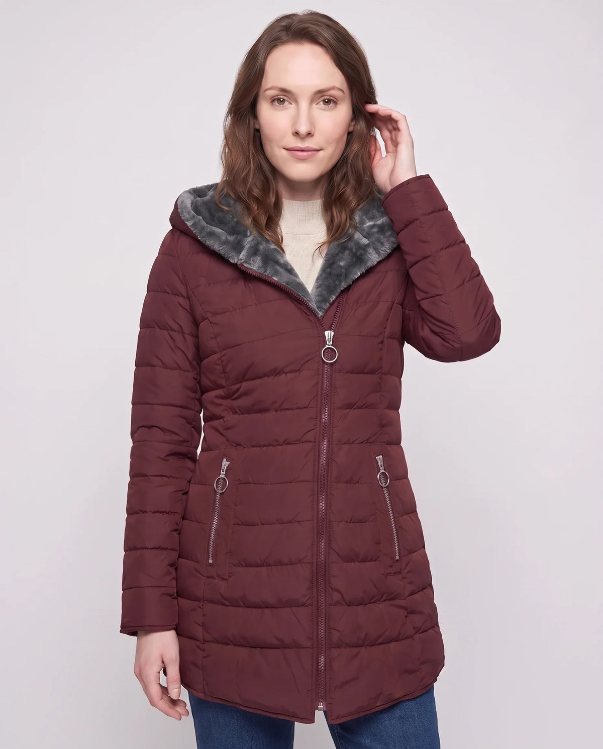 Mid-Length Fleece-Lined Puffer Jacket with Hood
