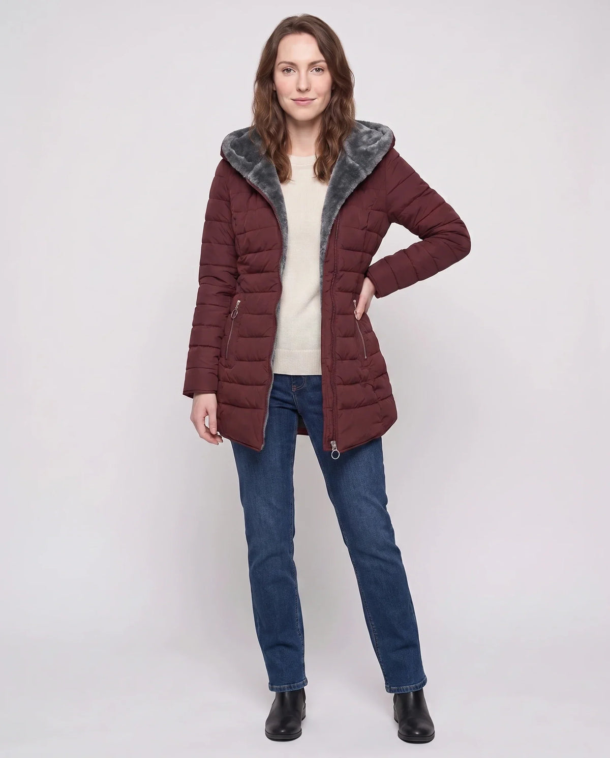 Mid-Length Fleece-Lined Puffer Jacket with Hood