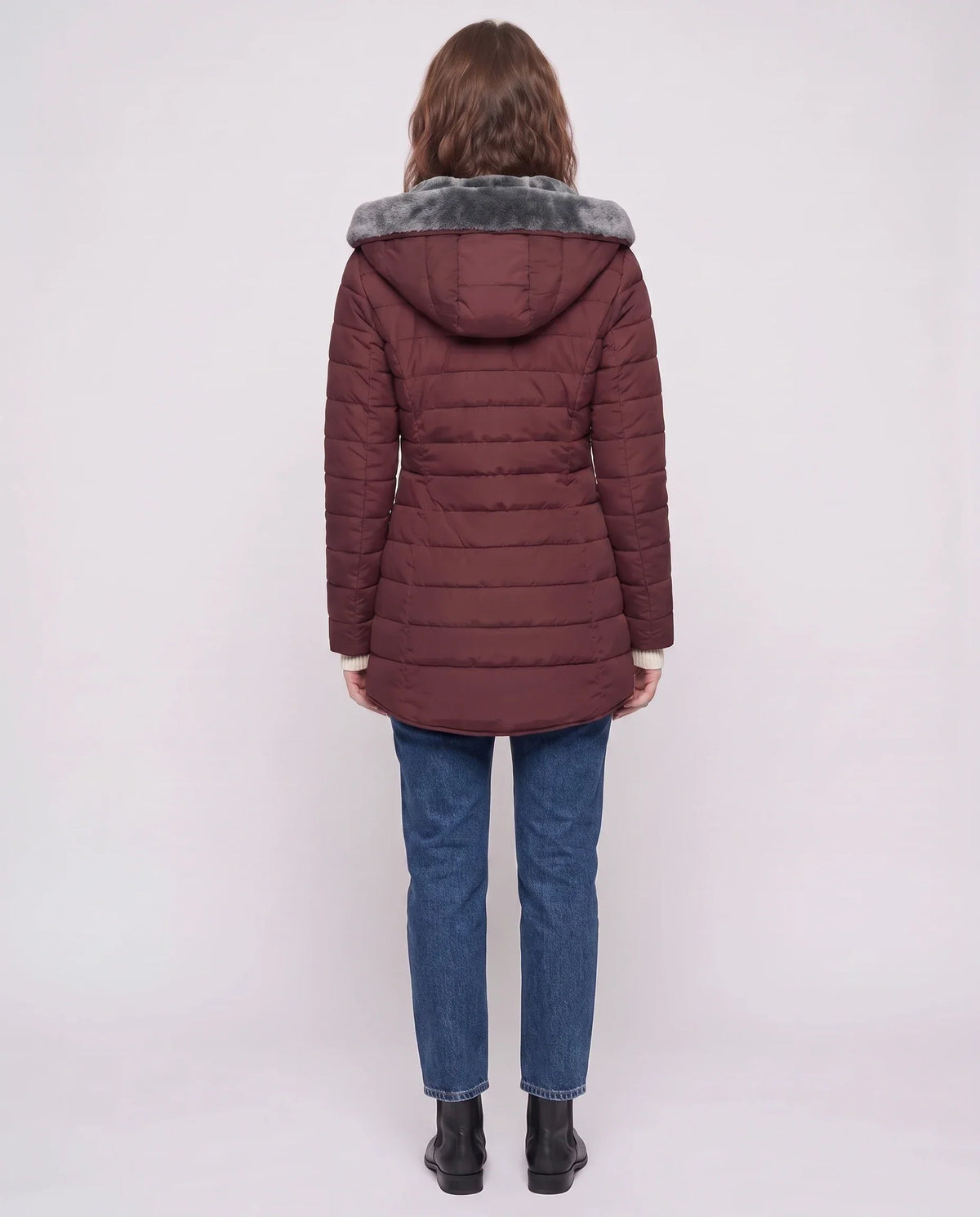 Mid-Length Fleece-Lined Puffer Jacket with Hood