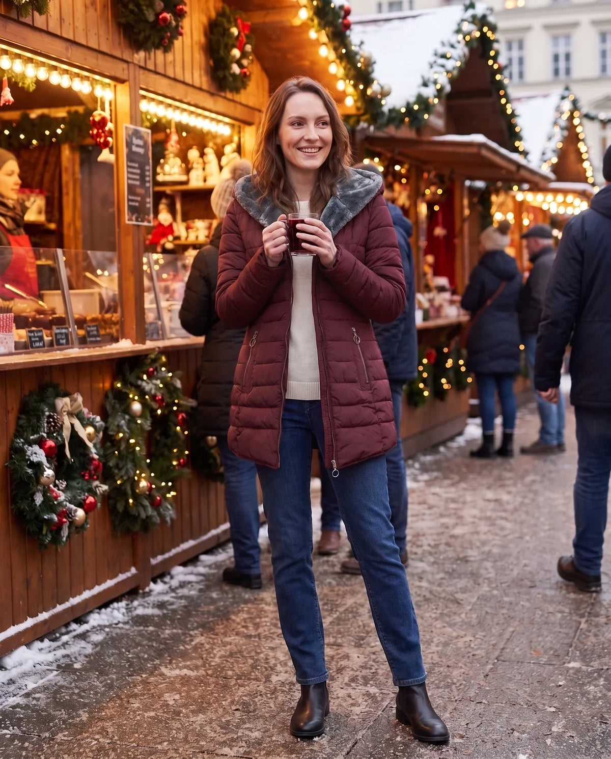 Mid-Length Fleece-Lined Puffer Jacket with Hood