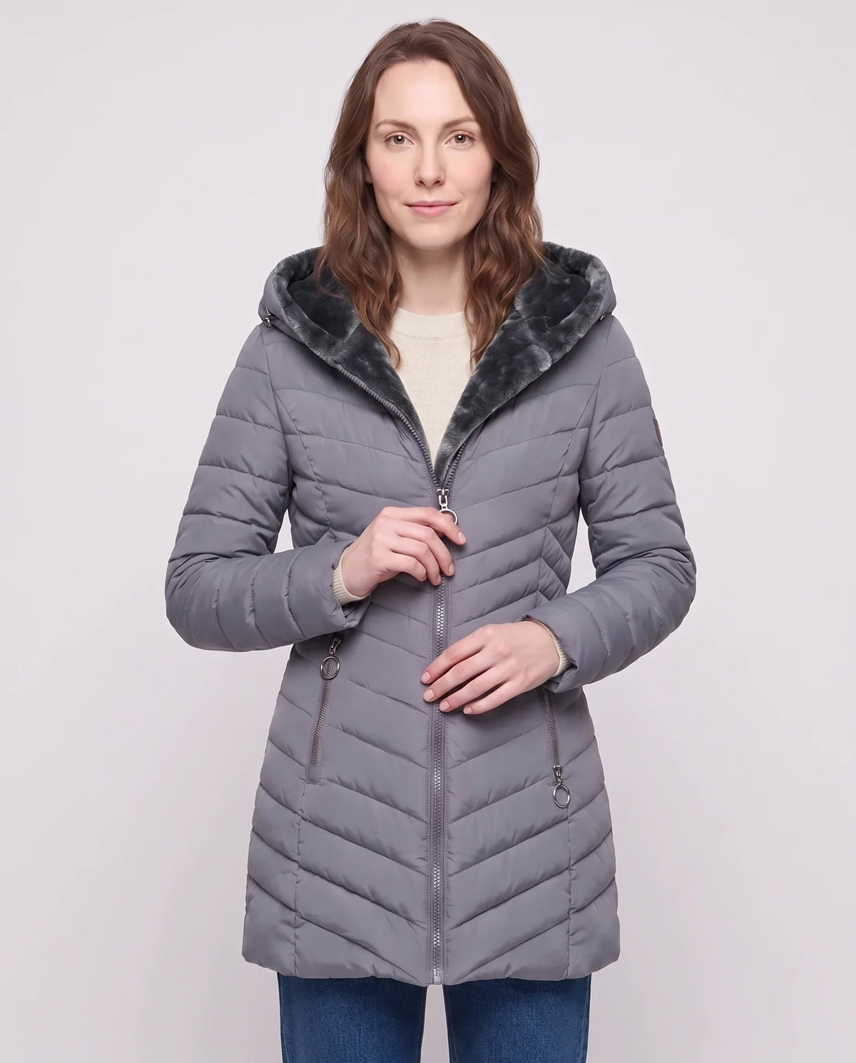 Mid-Length Fleece-Lined Puffer Jacket with Hood
