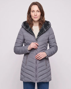 Mid-Length Fleece-Lined Puffer Jacket with Hood